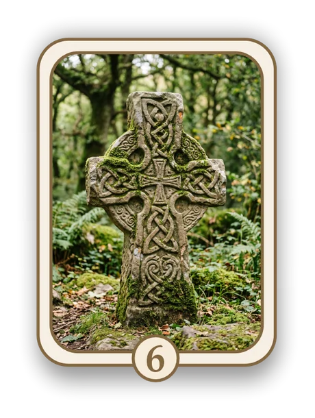 Celtic 6 memorial card design — moss-covered Celtic cross in woodland