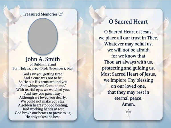Folding memorial card template 20 — personalised Irish memorial card design with photograph, verse and decorative border