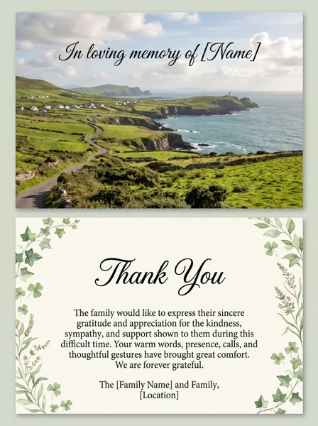 Memorial thank you card template 1 — personalised acknowledgement card with photograph and message of thanks