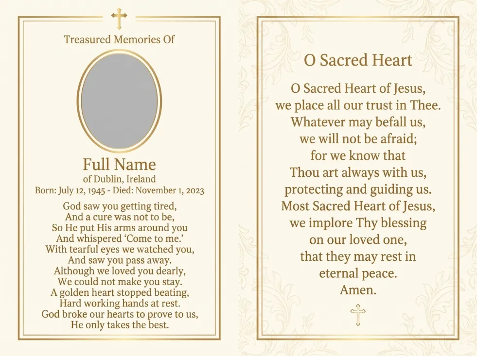 Folding memorial card template 23 — personalised Irish memorial card design with photograph, verse and decorative border