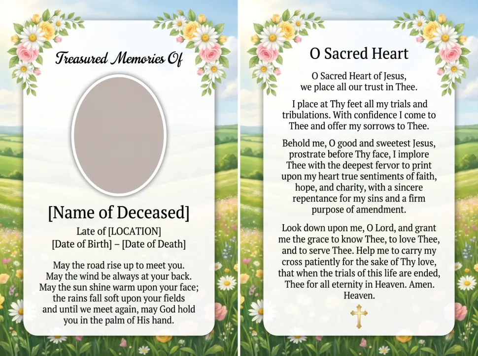 Folding memorial card template 1 — personalised Irish memorial card design with photograph, verse and decorative border