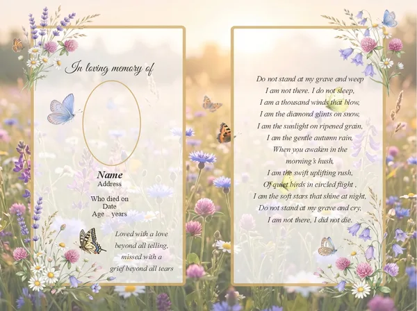 Folding memorial card template 41 — personalised Irish memorial card design with photograph, verse and decorative border