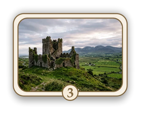 Scenic 3 memorial card design — castle ruin above green fields