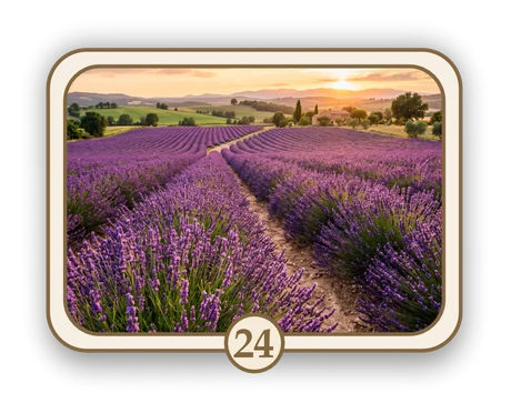 Floral 24 memorial card design — lavender rows at sunset