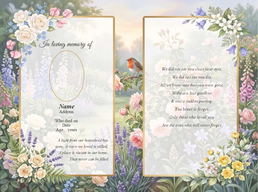 Folding memorial card template 44 — personalised Irish memorial card design with photograph, verse and decorative border