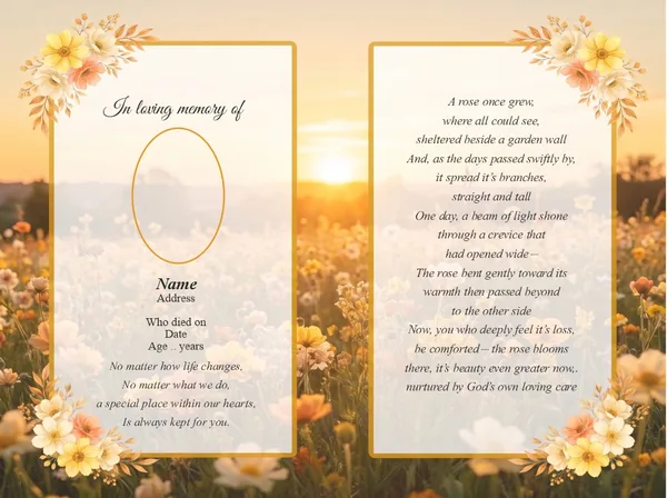 Folding memorial card template 24 — personalised Irish memorial card design with photograph, verse and decorative border