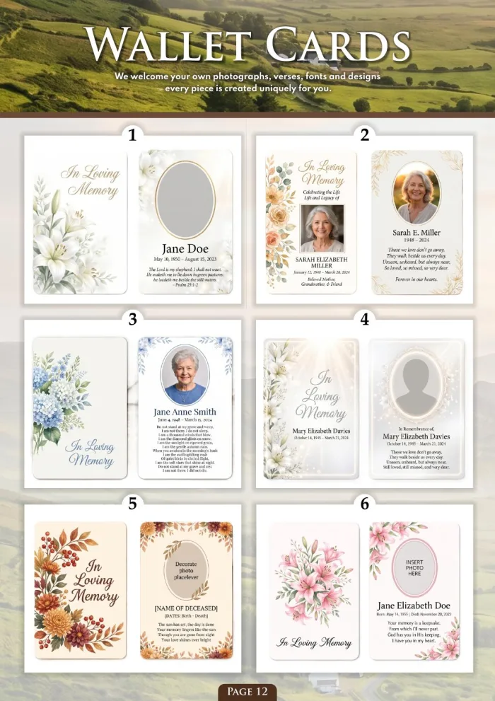 Page 14 of the Irish Memorial Catalogue — Wallet cards 1–6