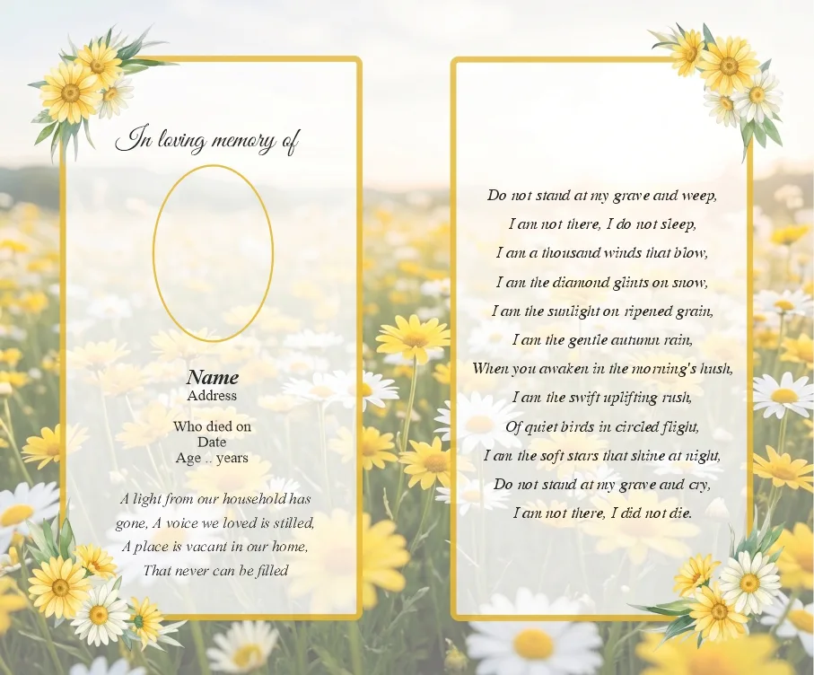 Folding memorial card template 37 — personalised Irish memorial card design with photograph, verse and decorative border