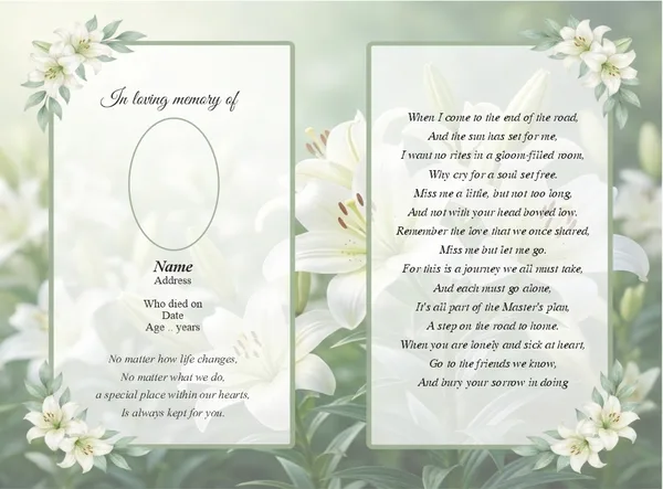 Folding memorial card template 40 — personalised Irish memorial card design with photograph, verse and decorative border