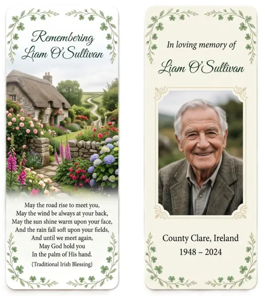 Memorial bookmark template 15 — laminated keepsake bookmark with photograph, prayer and Celtic detail