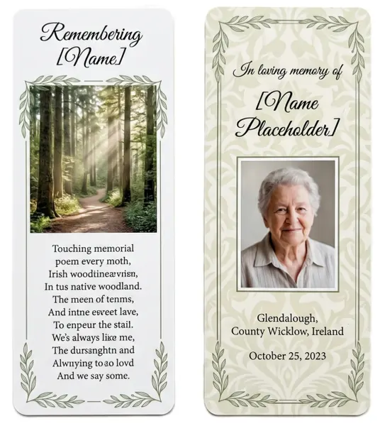 Memorial bookmark template 17 — laminated keepsake bookmark with photograph, prayer and Celtic detail