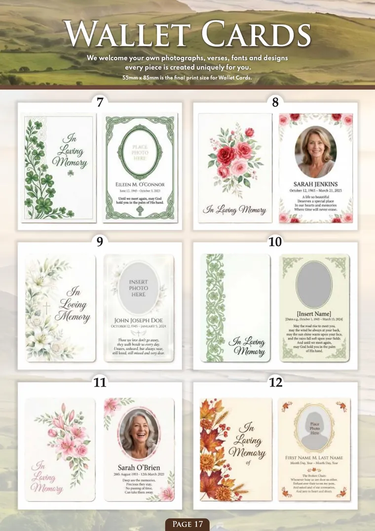 Page 19 of the Irish Memorial Catalogue — Wallet cards 7–12