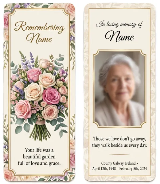 Memorial bookmark template 13 — laminated keepsake bookmark with photograph, prayer and Celtic detail