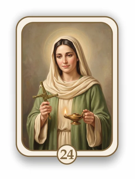 Religious 24 memorial card design — woman saint holding a lamp and crucifix