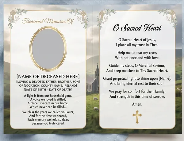 Folding memorial card template 5 — personalised Irish memorial card design with photograph, verse and decorative border
