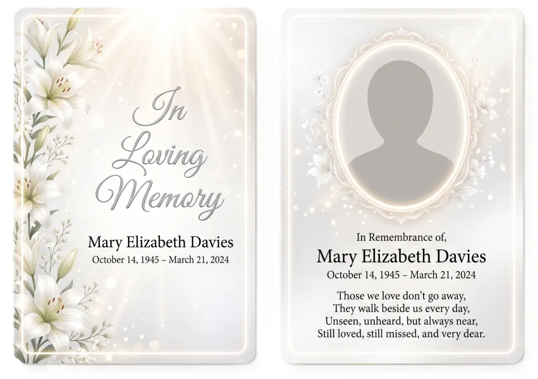 Memorial wallet card template 4 — pocket-sized laminated card with photograph and remembrance verse