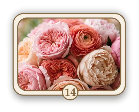 Floral 14 memorial card design — peach roses and cream peonies