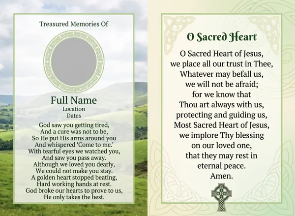 Folding memorial card template 14 — personalised Irish memorial card design with photograph, verse and decorative border