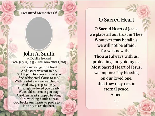 Folding memorial card template 22 — personalised Irish memorial card design with photograph, verse and decorative border
