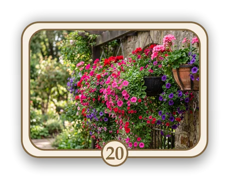 Floral 20 memorial card design — cottage wall with climbing roses
