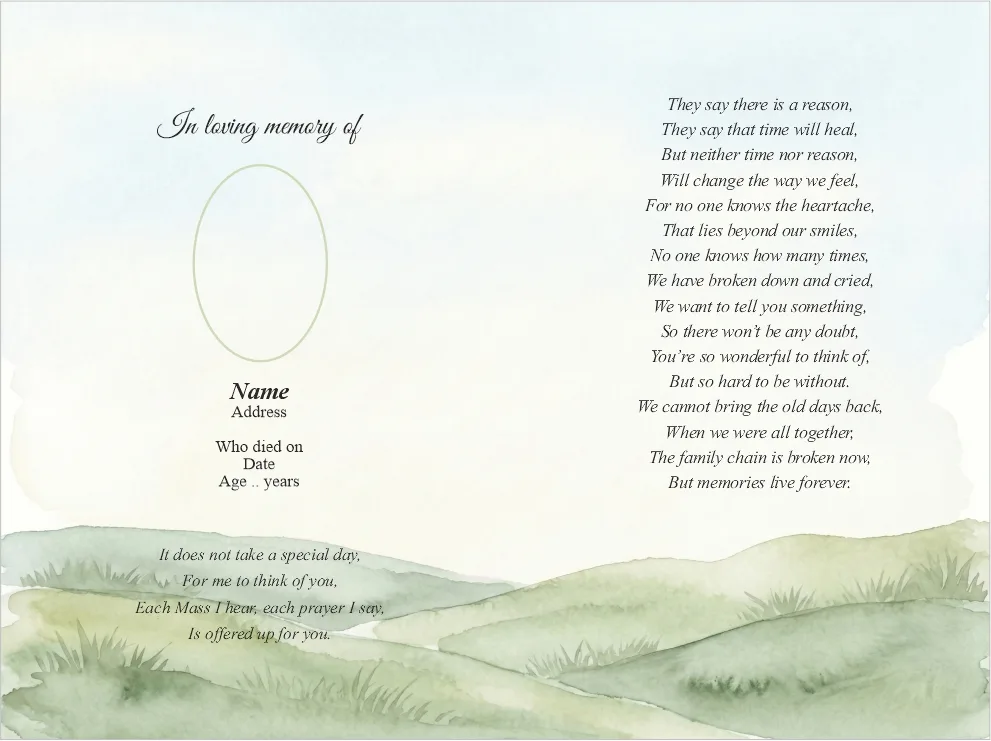Folding memorial card template 25 — personalised Irish memorial card design with photograph, verse and decorative border