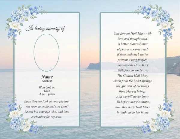 Folding memorial card template 36 — personalised Irish memorial card design with photograph, verse and decorative border
