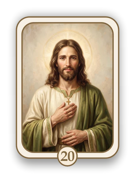 Religious 20 memorial card design — portrait of Jesus with hand on heart