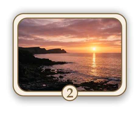 Scenic 2 memorial card design — sunset over the Irish coast