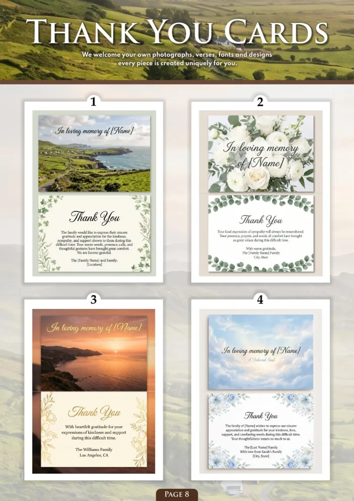 Page 10 of the Irish Memorial Catalogue — Thank you cards 1–4
