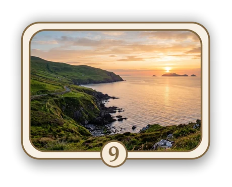 Scenic 9 memorial card design — sunset over a headland