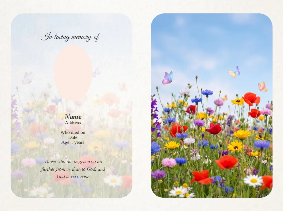 Folding memorial card template 32 — personalised Irish memorial card design with photograph, verse and decorative border