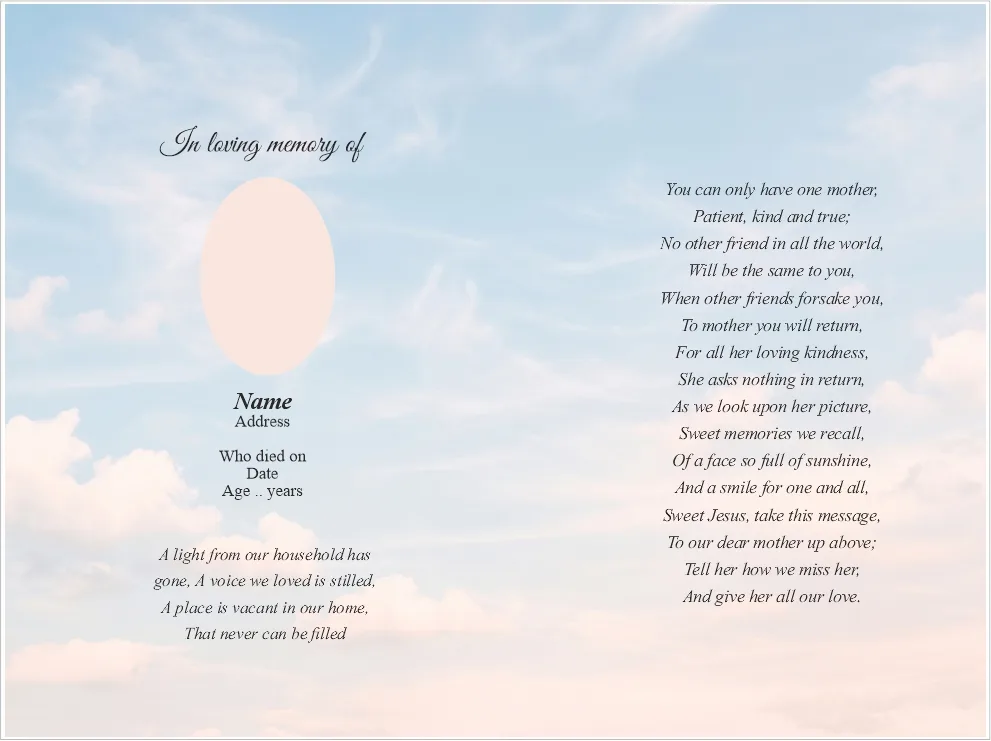 Folding memorial card template 29 — personalised Irish memorial card design with photograph, verse and decorative border