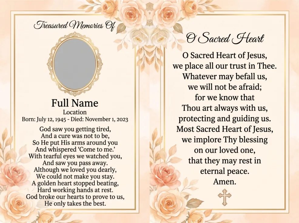 Folding memorial card template 17 — personalised Irish memorial card design with photograph, verse and decorative border
