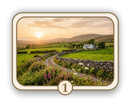 Scenic 1 memorial card design — country road and cottage in summer