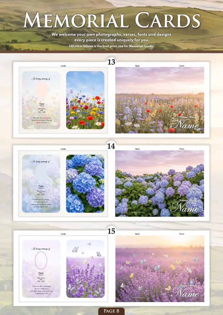 Page 10 of the Irish Memorial Catalogue — Memorial cards 13–15