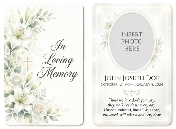 Memorial wallet card template 9 — pocket-sized laminated card with photograph and remembrance verse
