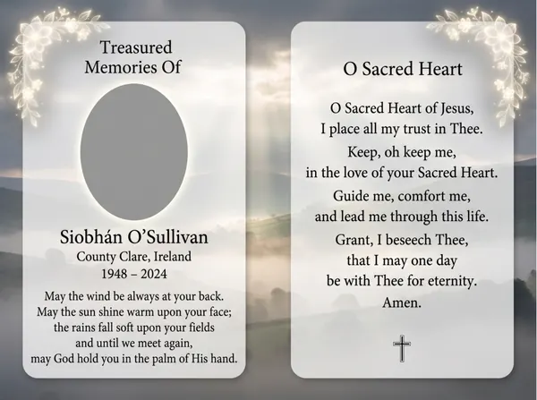 Folding memorial card template 9 — personalised Irish memorial card design with photograph, verse and decorative border