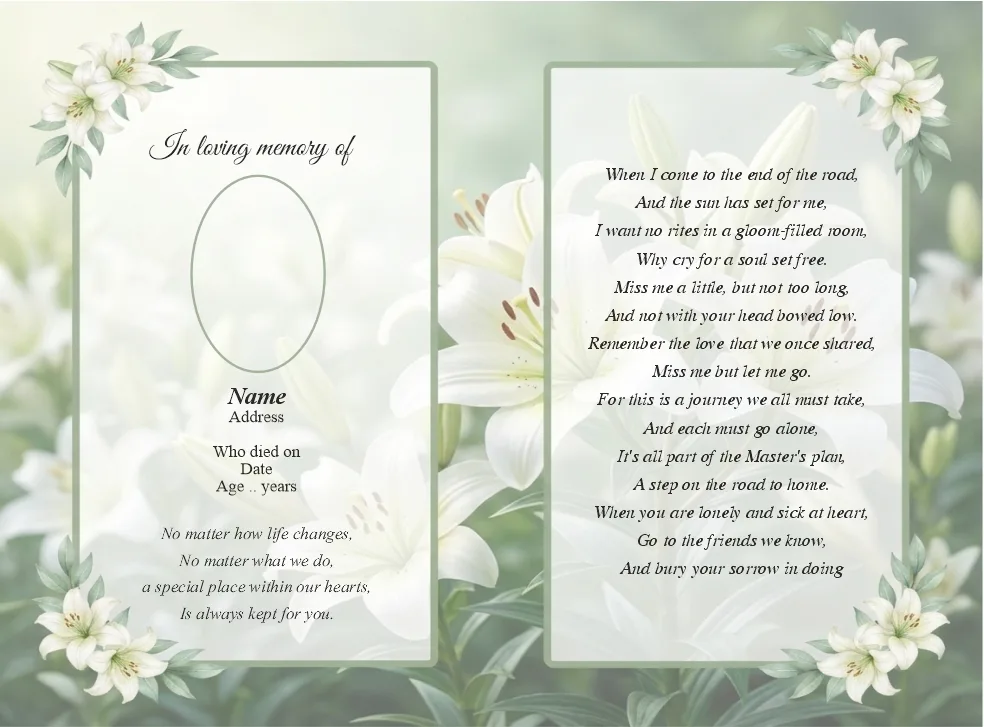 Folding memorial card template 40 — personalised Irish memorial card design with photograph, verse and decorative border