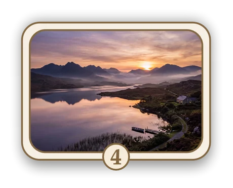 Scenic 4 memorial card design — mountain lake at first light