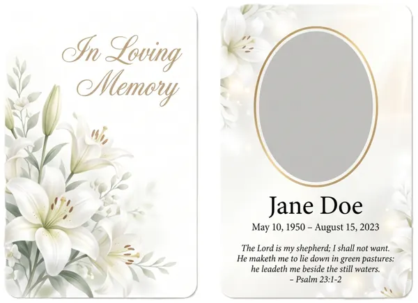 Memorial wallet card template 1 — pocket-sized laminated card with photograph and remembrance verse