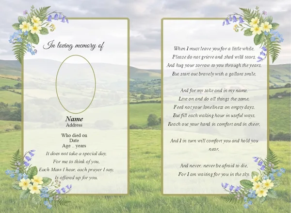 Folding memorial card template 38 — personalised Irish memorial card design with photograph, verse and decorative border