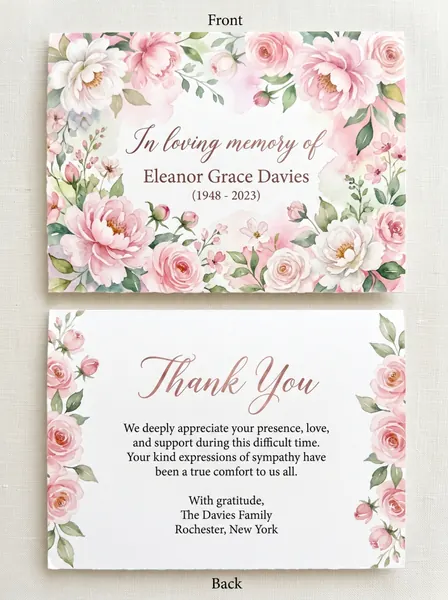 Memorial thank you card template 8 — personalised acknowledgement card with photograph and message of thanks