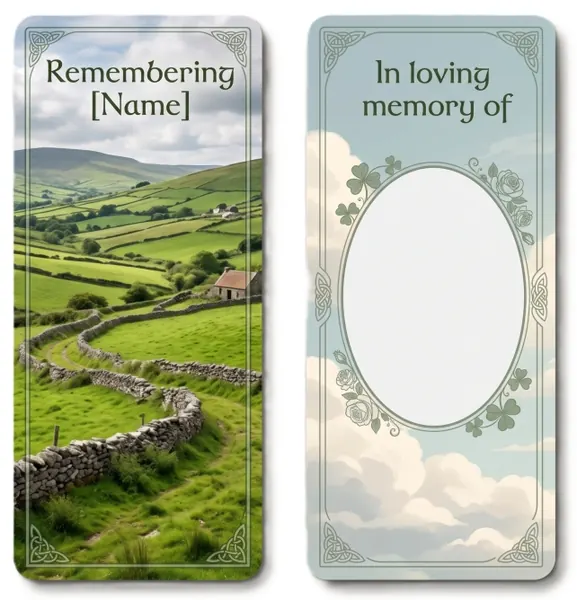 Memorial bookmark template 4 — laminated keepsake bookmark with photograph, prayer and Celtic detail