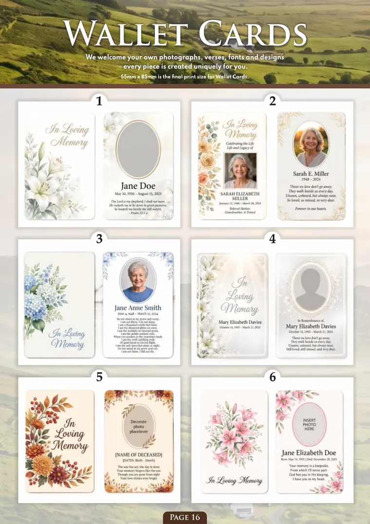 Page 18 of the Irish Memorial Catalogue — Wallet cards 1–6