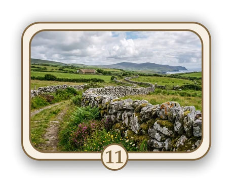 Scenic 11 memorial card design — stone-walled lane through the fields