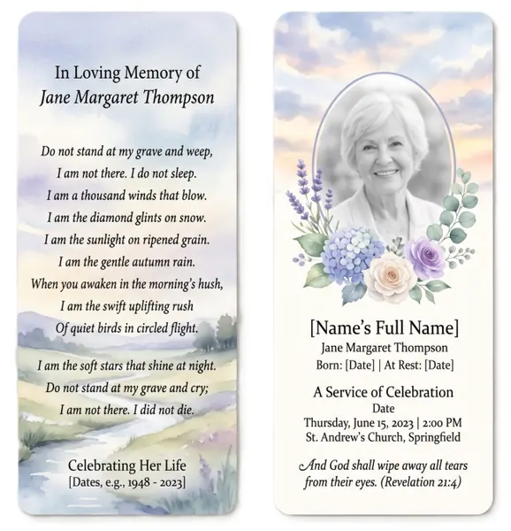 Memorial bookmark template 10 — laminated keepsake bookmark with photograph, prayer and Celtic detail