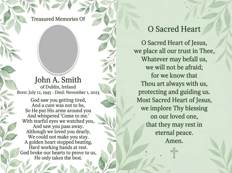Folding memorial card template 15 — personalised Irish memorial card design with photograph, verse and decorative border