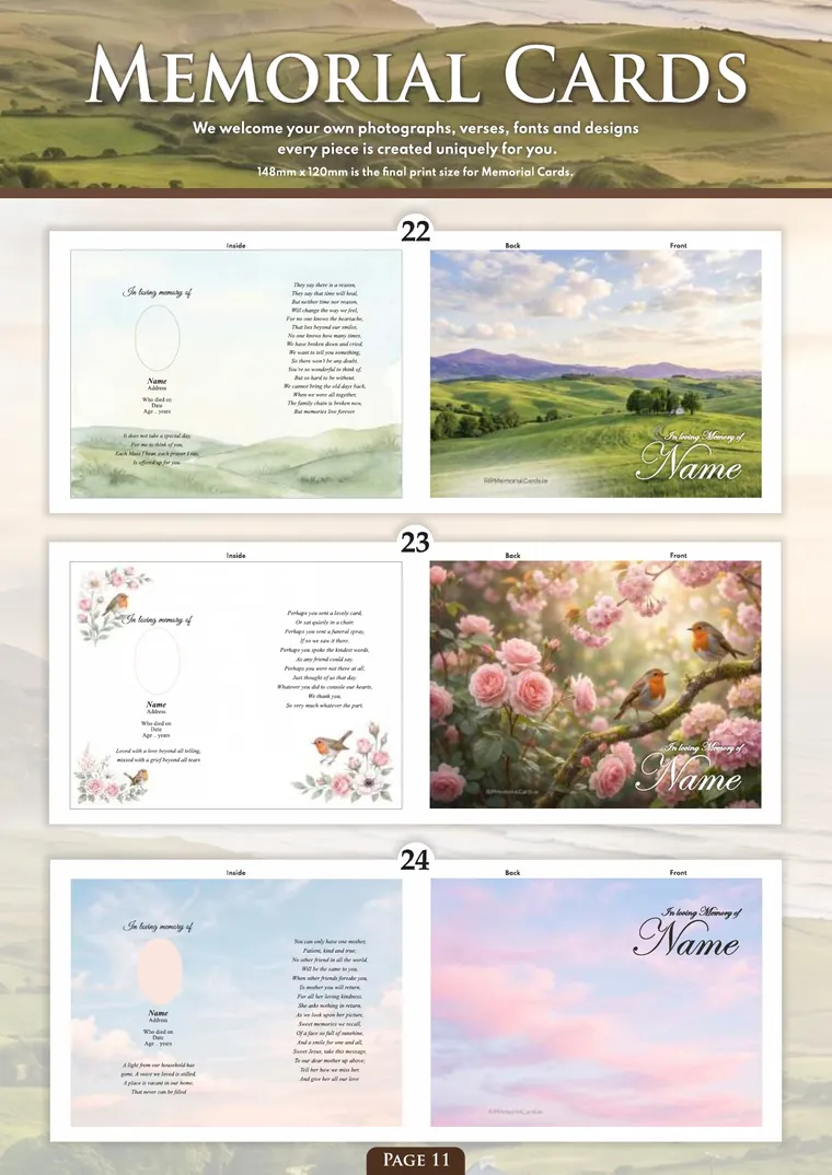 Page 13 of the Irish Memorial Catalogue — Memorial cards 22–24