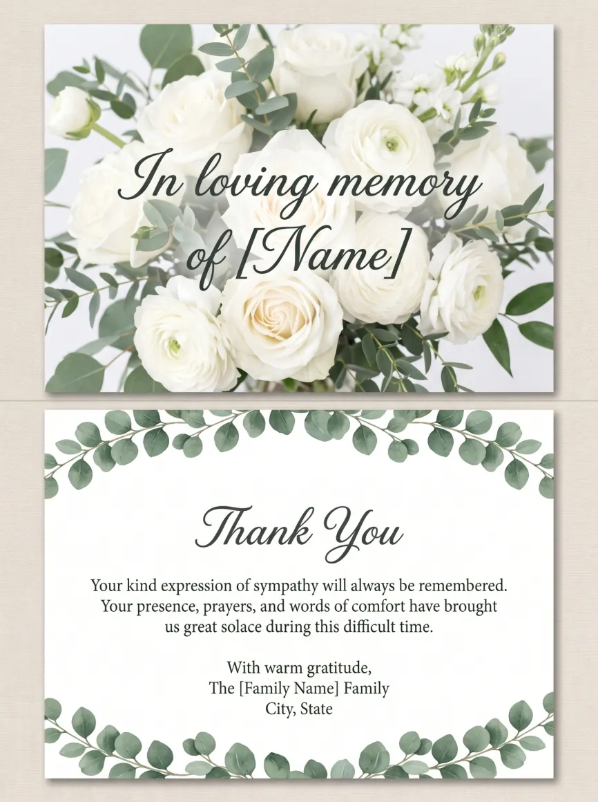 Memorial thank you card template 2 — personalised acknowledgement card with photograph and message of thanks