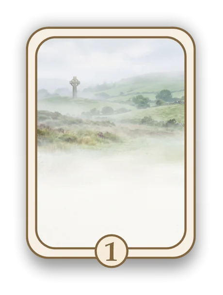 Celtic 1 memorial card design — misty Irish valley with a distant Celtic cross